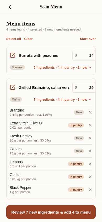 Scan Menu results for burrata and grilled branzino with pantry matches